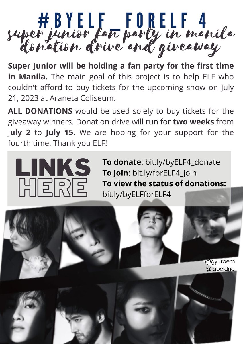 gyuraem's tweet photo. HELP RT 🙏 [ #ByELF_ForELF 4 DONATION DRIVE ] to buy tickets for GIVEAWAY this SUPER JUNIOR Fan Party in Manila

Kindly check the posters for more details. Let's make this happen one more time! Thank you 💙

For inquiries, please send me or @labeldne a DM 😊 #SJ_FANPARTY #SJinMNL https://t.co/9SCkajQWGh