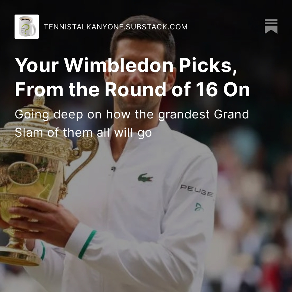 ttanyone's tweet photo. The newsletter is out! Check out my fourth-round-and-beyond predictions, including how I see a certain seven-time champ winning yet again. (Hint: It's #Djokovic). Read up, and if you haven't yet, subscribe! https://t.co/4iQAxKFP7y