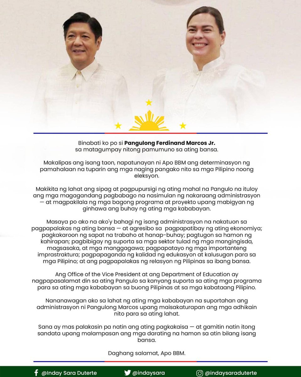 READ: Vice President Sara Duterte says President Ferdinand Marcos Jr. was successful in leading the country during his first year in power, adding the president has proven his determination to fulfill his campaign promises.

📸 Inday Sara Duterte/ Facebook