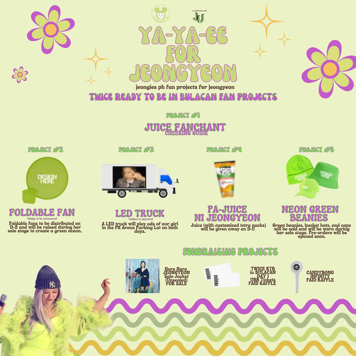 JeongiesPH's tweet photo. 💚 YA-YA-EE FOR JEONGYEON 💚
[FAN PROJECTS REVEAL]

Here are the fan and fundraising projects lined up for TWICE READY TO BE IN BULACAN! All projects are subject to approval by the organizers. Any excess funds will be used for this year’s birthday projects. https://t.co/AYun7sdt7V