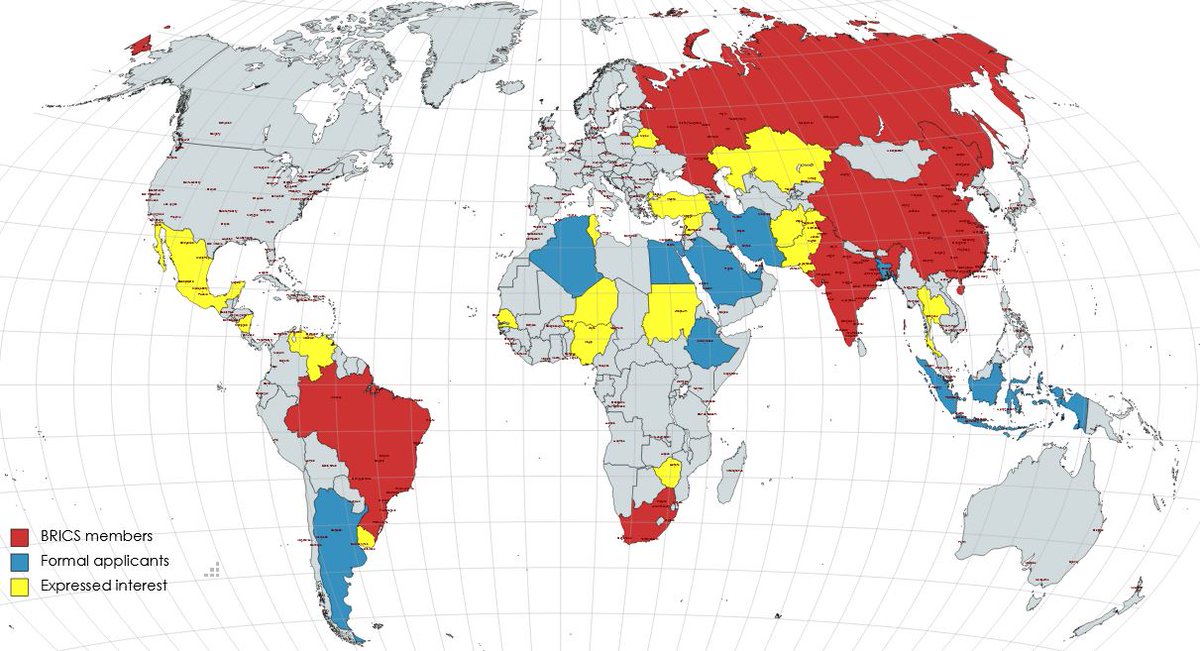 Platformville's tweet photo. #BRICS A Common currency will be a good start:
BRICS members (5 countries) 🇧🇷🇷🇺🇮🇳🇨🇳🇿🇦
Formal applicants (10)🇩🇿🇦🇷🇧🇭 🇧🇩🇪🇬🇪🇹🇮🇩🇮🇷🇸🇦🇦🇪
Expressed interest (16)🇦🇫🇧🇾🇰🇿🇲🇽🇳🇮🇳🇬🇵🇰🇸🇳🇸🇩🇸🇾🇹🇭🇹🇷🇺🇾🇻🇪🇿🇼
It is not an ideological or military bloc but still a big challenge to ‘Western’ hegemony https://t.co/Cf5EZH1JRk