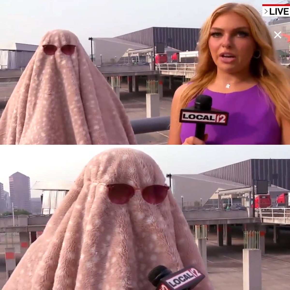 PopCrave's tweet image. Taylor Swift fan wears disguise on a local news station after revealing that she called in sick for work to attend the #ErasTour.