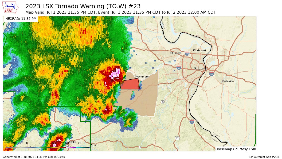 EASAlerts's tweet photo. LSX issues Tornado Warning [tornado: RADAR INDICATED, hail: 1.00 IN] for Franklin [MO] till 12:00 AM CDT https://t.co/Yu9fvR3ulN https://t.co/8CnlxzD6d1