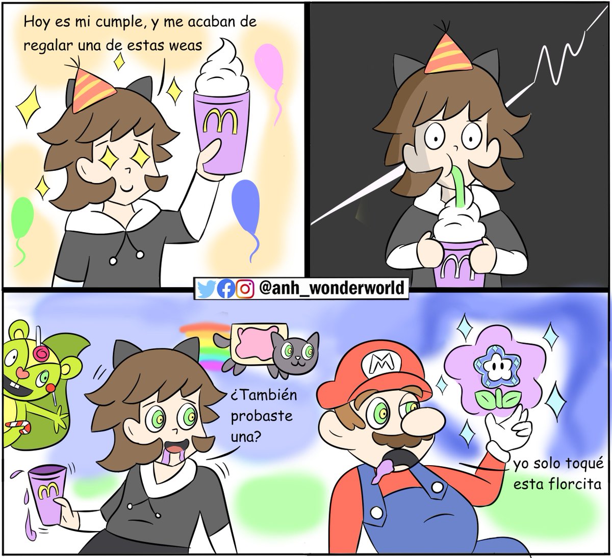 AnhWonderworld's tweet photo. Hoy fué un cumpleaños muuuuy azucarado 😅

#draw #dibujo #viñeta #humor #shake #GrimacesBirthday #SuperMarioBrosWonder #nutty #happytreefriends #nyancat https://t.co/HgMdE42DNu