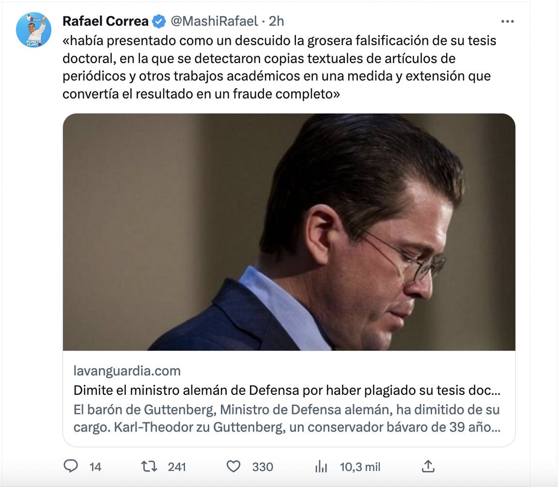 f_gonzalez_m's tweet photo. Glas copió 80 pag del Rincón del Vago para su tesis 
La @espol no le retiró el título 
Correa no le impuso sanción alguna como funcionario del gob, ninguna entidad gubernamental tampoco
Ya saldrá el trollcenter a decirme: si Glas fue corrupto no pidas q todos sean corruptos…
En los dos casos las universidades se pronunciaron, nos guste o no tienen la última palabra en calificar las tesis de sus alumnos.
El tema es q hay q ser completamente descarado para criticar algo q su pana del alma ya lo cometió, pedir q dejen de ser miserables es imposible #LosCorruptosSiempreFueronEllos
