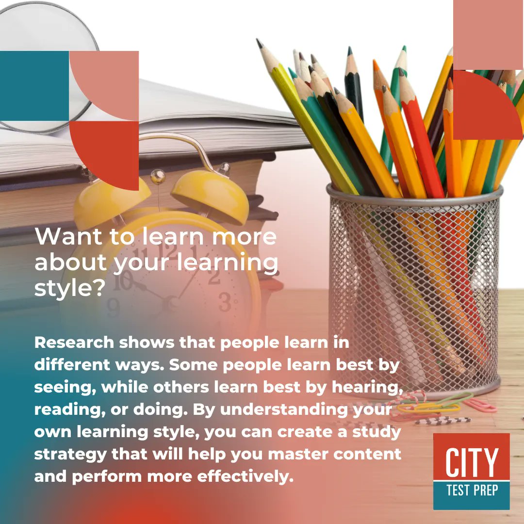 CityTestPrep's tweet image. 📚✨ Discover Your Learning Style and Study Smarter! ✨🔎

#LearningStyles #StudyTips #EffectiveLearning #UnlockYourPotential #TailorYourApproach #VisualLearners #AuditoryLearners #KinestheticLearners #ReadersDelight #HandsOnLearning #DiverseLearningStyles #KnowledgeIsPower
