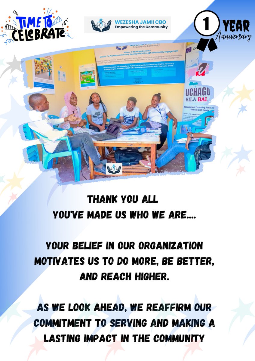 WejaCBO's tweet photo. As we mark our 1 year anniversary, we are filled with overwhelming gratitude for each and every one of you who have been an integral part of our community-based organization's journey

Thank you all you've made us who we are...

#CelebratingOneYearOfWezeshaJamiiCBO https://t.co/IfMj45qaXS