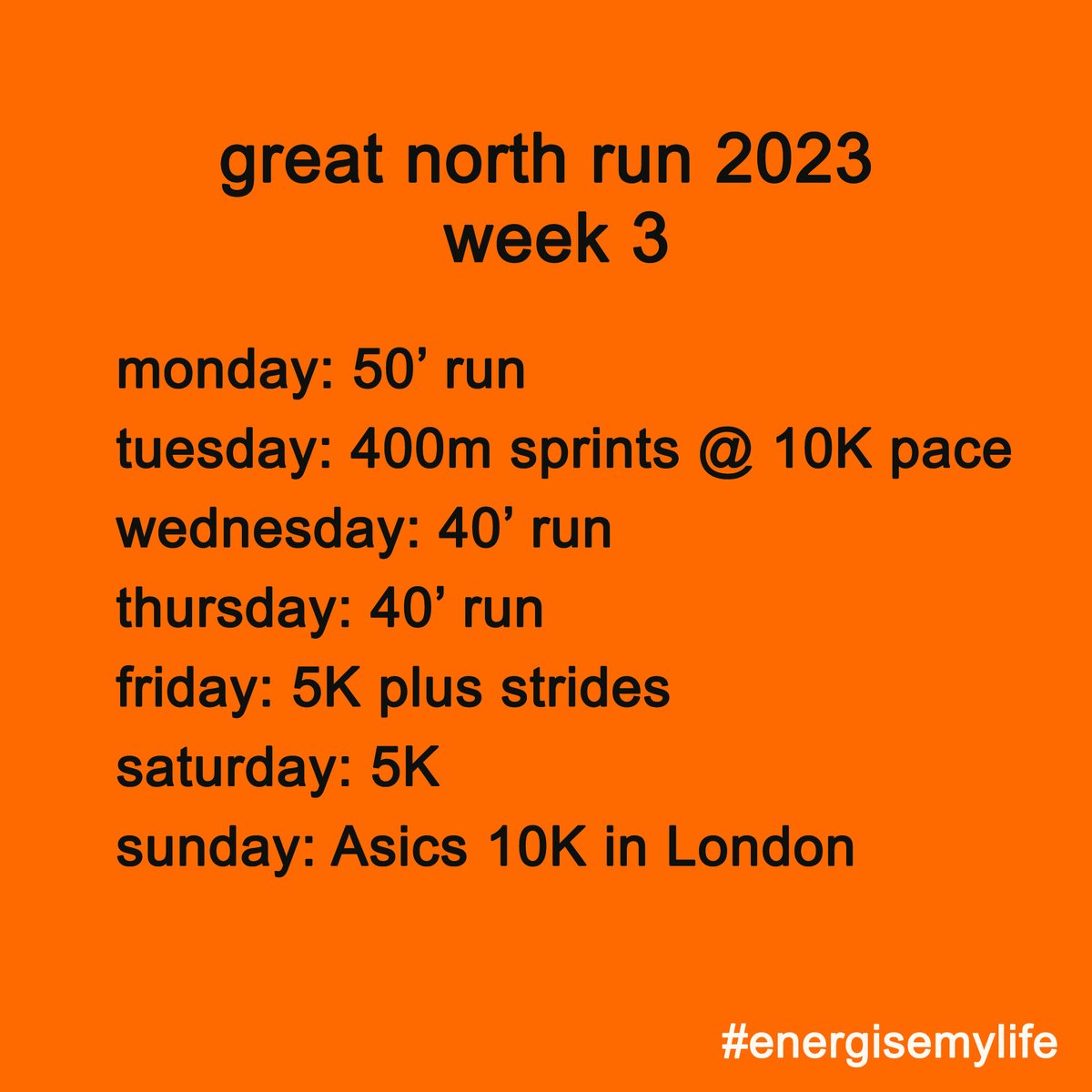 EnergiseMyLife's tweet image. #GNR23 training week 3.
Goal: run a fast 10K on Sunday @thelondon10k 
1. Focus on my 400m sprints on Tuesday
2. Early to bed, early to rise
3. No strength training 
4. Lots of walking
#runtraining #trainingplan #raceday #10Ktraining #mondaymotivation #thisweek #energisemylife