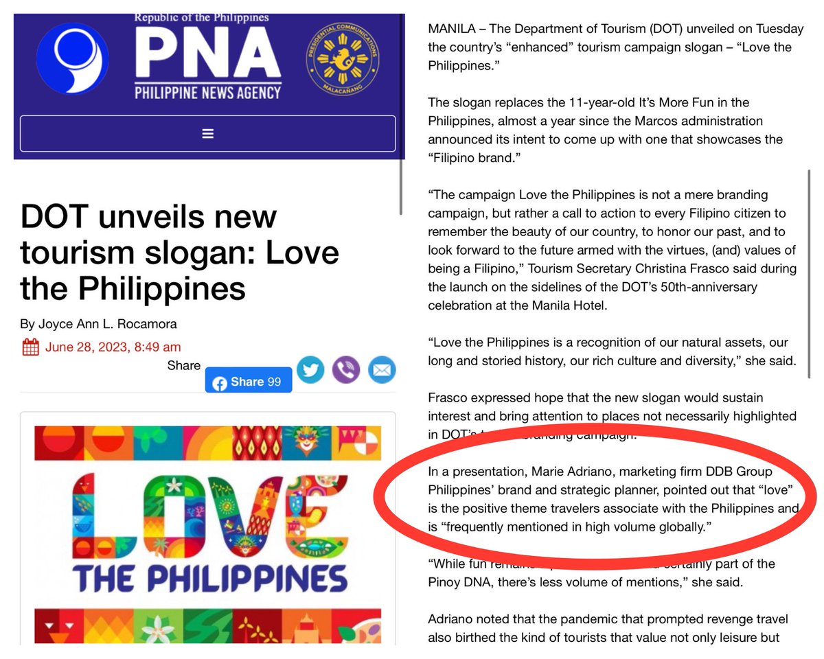 MacLopez769's tweet photo. As circulated now in the pages of Direk Darryl Yap and Lugaw Chronicles, the brand and strategic planner from DDB Group Philippines who handled the “Love the Philippines” campaign of the Department of Tourism - Philippines is Miss Marie Adriano (see below PNA news release)

Considering that this campaign is now mired in a very embarrassing controversy where the “Love the Philippines” promotional video used stock video footage of sceneries in Thailand, Dubai and Bali, plus the Zurich, Switzerland Airport landing scene), one cannot help raise questions about how DDB Group Philippines really handled this project.

One can go as far as asking Miss Adriano how she really felt working for, and collaborating with the administration of President Bongbong Marcos when her political affiliation is with his arch rival in the recent election. 

Did Miss Adriano really set aside her politics in handling this project?

Or did she really messed up big time because her body, mind and heart is not really into it?

It is a fair question right, given the current fuck up that this ad campaign has created?

And it is a fair question that we should all be asking, whatever your political color.