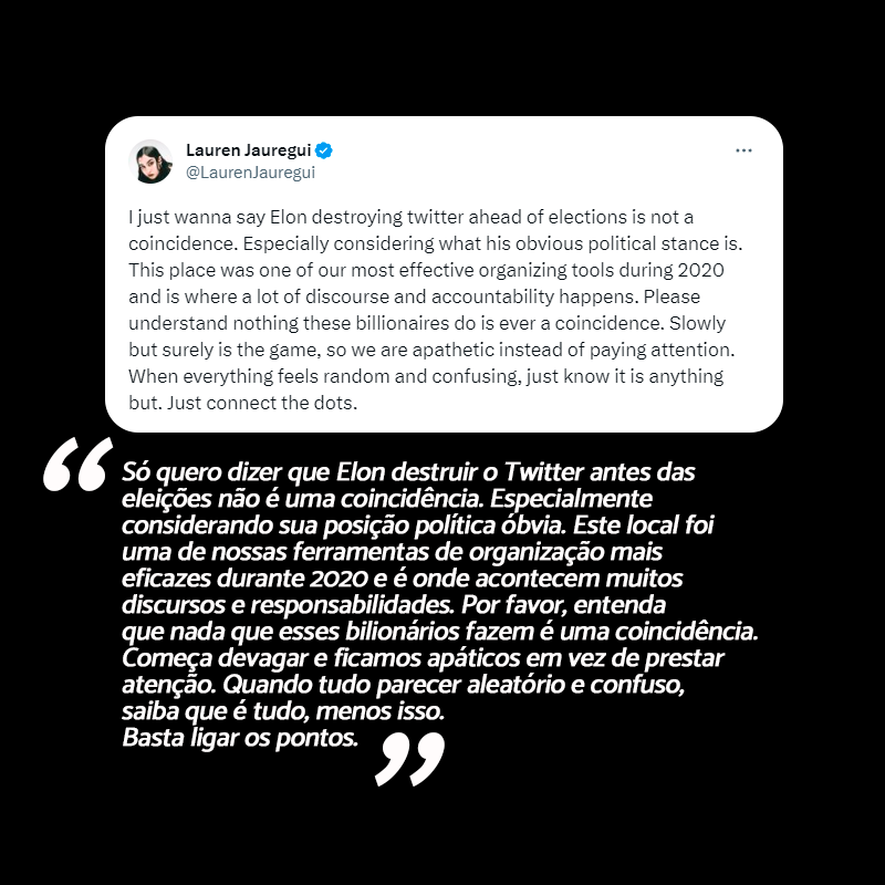 oficialPFBR's tweet photo. ELA TROUXE UM PONTO, PORTAL!

Lauren Jauregui pega Elon Musk no pulo e diz que ações do bilionário para desmantelar o Twitter está ligado as eleições americanas, visando que a rede social é um dos maiores meios de disseminar informação. https://t.co/TH7wbhwovz