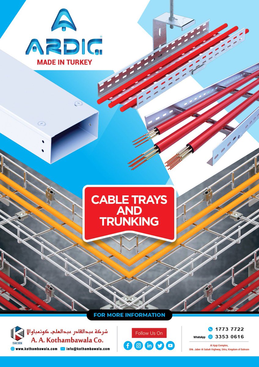 AAKothambawala's tweet image. ARDIC Cable Trays and Trunking

Available with A.A. Kothambawala Co.

Made in Turkey 🇹🇷 

#ardic #cabletrays #trunking #construction #bahrain #buildingmaterials #properties #dealers #available #contactus