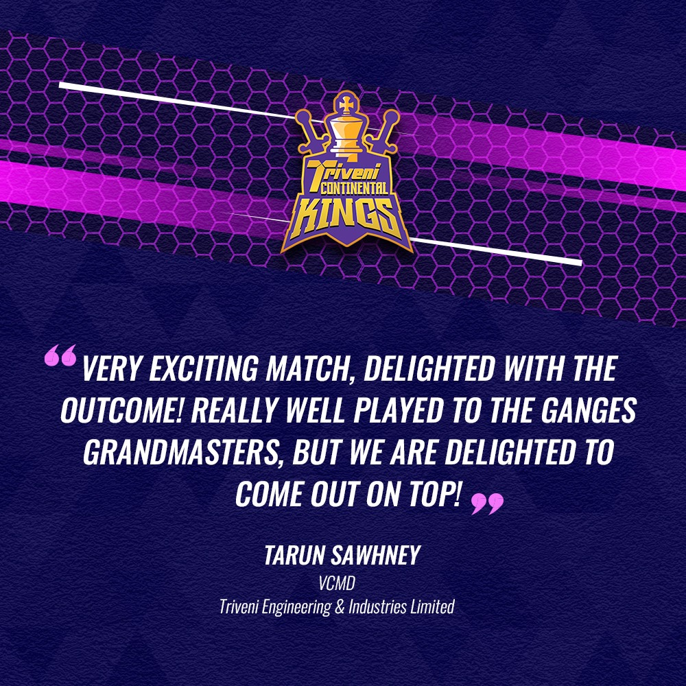 trivenickings's tweet image. Tarun Sawhney
VCMD of Triveni Engineering &amp;amp; Industries Limited is chuffed and extends best wishes to the Kings 👑

@ChessBaseIndia

#TriveniContinentalKings #ChessWins #ChessWinners #TCKvsGGM #Chesslastnight #GlobalChessLeague