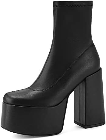 Easyfox Platform Boots for Women Mid Calf Chunky High Heels Ankle Booties Slip on Round Toe Elastic PU Leather Short Boots... bit.ly/3rgMsX5