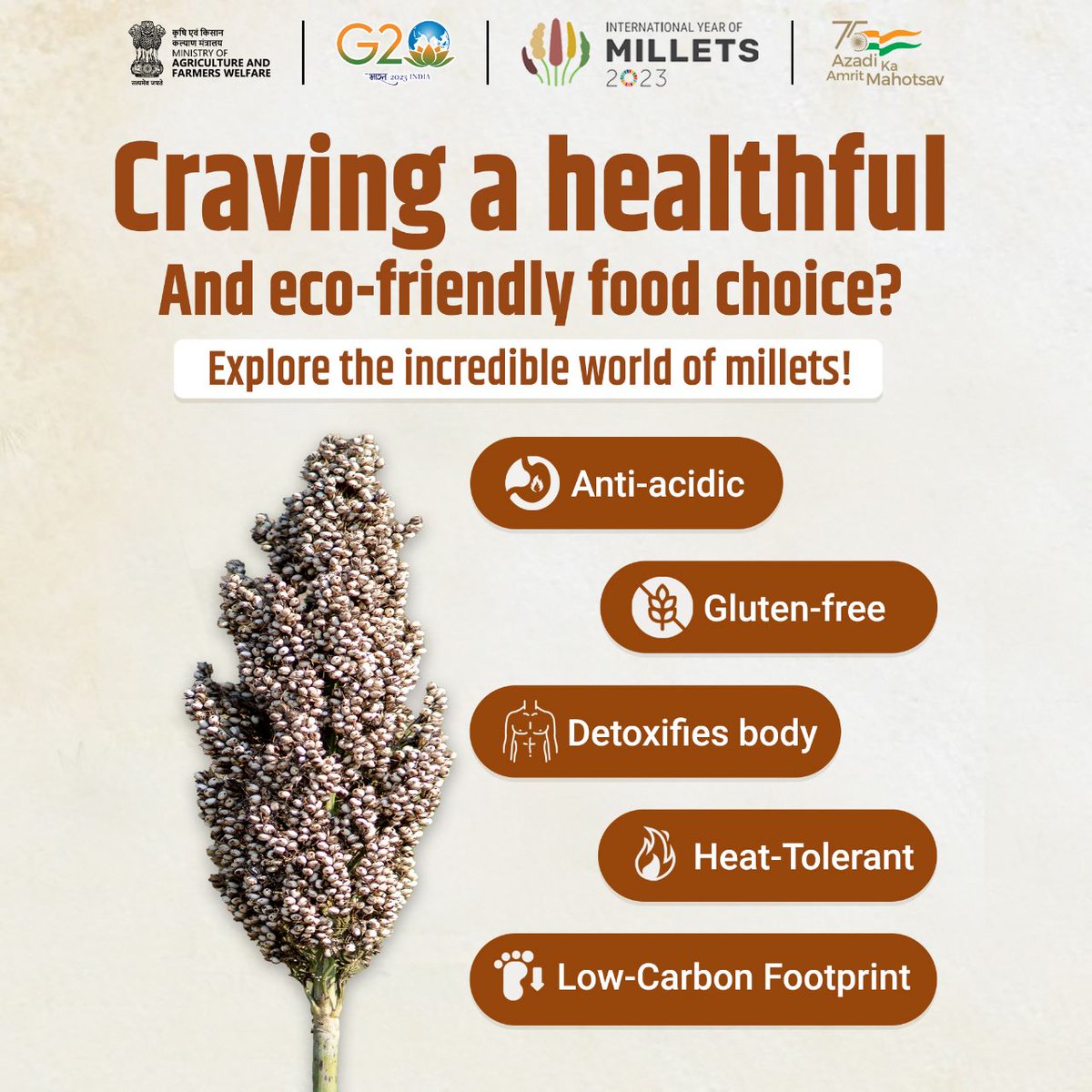 Choose Millets, Choose Earth, Choose Yourself.

Millets make for a sustainable, climate-friendly, healthy food option for all.  

#IYM2023 #ShreeAnna #YearofMillets