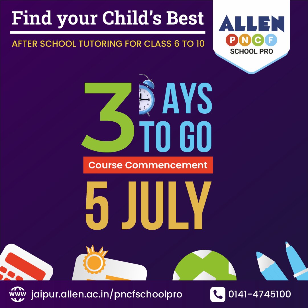 A modern tuition centre for classes 6 to 10 at 11 new focussed centres near you with the trust of ALLEN. 

📢📢 Admissions open now! For enquiry: jaipur.allen.ac.in/pncfschoolpro/…

#3daystogo #allen #pncfschoolpro
#mathtutoring #sciencetuition #englishtuition #hindituition