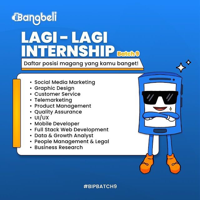 KampusUpdate's tweet photo. [🚀 𝐁𝐀𝐍𝐆𝐁𝐄𝐋𝐈 𝐈𝐍𝐓𝐄𝐑𝐍𝐒𝐇𝐈𝐏 𝐁𝐀𝐓𝐂𝐇 𝟗 𝐈𝐒 𝐂𝐎𝐌𝐈𝐍𝐆 🚀]

Lagi-lagi ada kabar gembira nih, sob!👀

Yuhuu, Bangbeli Internship Program hadir kembali di #batch9 sob!🥳

Program ini cocok bangett buat Sobat yang lagi nyari tempat magang yang fleksibel dan ingin meningkatkan skill di dunia digital. Kapan lagi kan magang dengan 𝐫𝐞𝐚𝐥 𝐩𝐫𝐨𝐣𝐞𝐜𝐭 dan bisa 𝐰𝐨𝐫𝐤 𝐟𝐫𝐨𝐦 𝐚𝐧𝐲𝐰𝐡𝐞𝐫𝐞?😝

Yukk daftar sekarang di website: https://t.co/Ar2isl4uBb 

𝐏𝐞𝐧𝐝𝐚𝐟𝐭𝐚𝐫𝐚𝐧 𝐝𝐢𝐛𝐮𝐤𝐚 𝐦𝐮𝐥𝐚𝐢 𝐭𝐚𝐧𝐠𝐠𝐚𝐥 𝟐𝟖 𝐉𝐮𝐧𝐢 𝐬.𝐝 𝟒 𝐉𝐮𝐥𝐢 𝟐𝟎𝟐𝟑. Sampai bertemu di #batch9 yaaa!!🤩

#BangBeli #BangbeliInternship #internship #InfoMagang #MagangMahasiswa #InternshipProgram #magang #LowonganMagang #wfa #InternMalang #magangwfh #infointernship #StartUp #Fintech