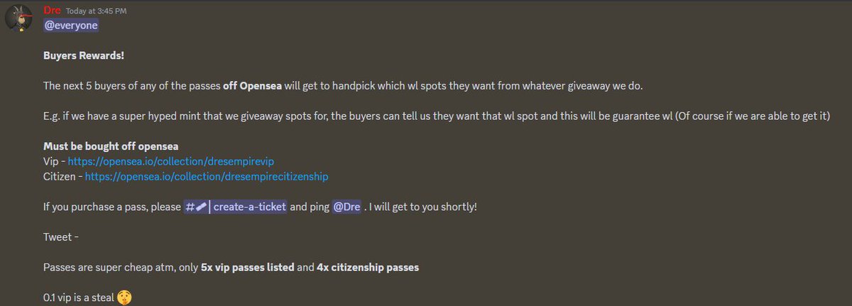 The next 5 passes bought off opensea (Vip or Citizen) will get to choose 3x spots from ANY of our next giveaways

Buyers can choose wl spots from any 3 projects we collab with in the future

VIP - opensea.io/collection/dre…
Citizen - opensea.io/collection/dre…

discord.gg/dresempire