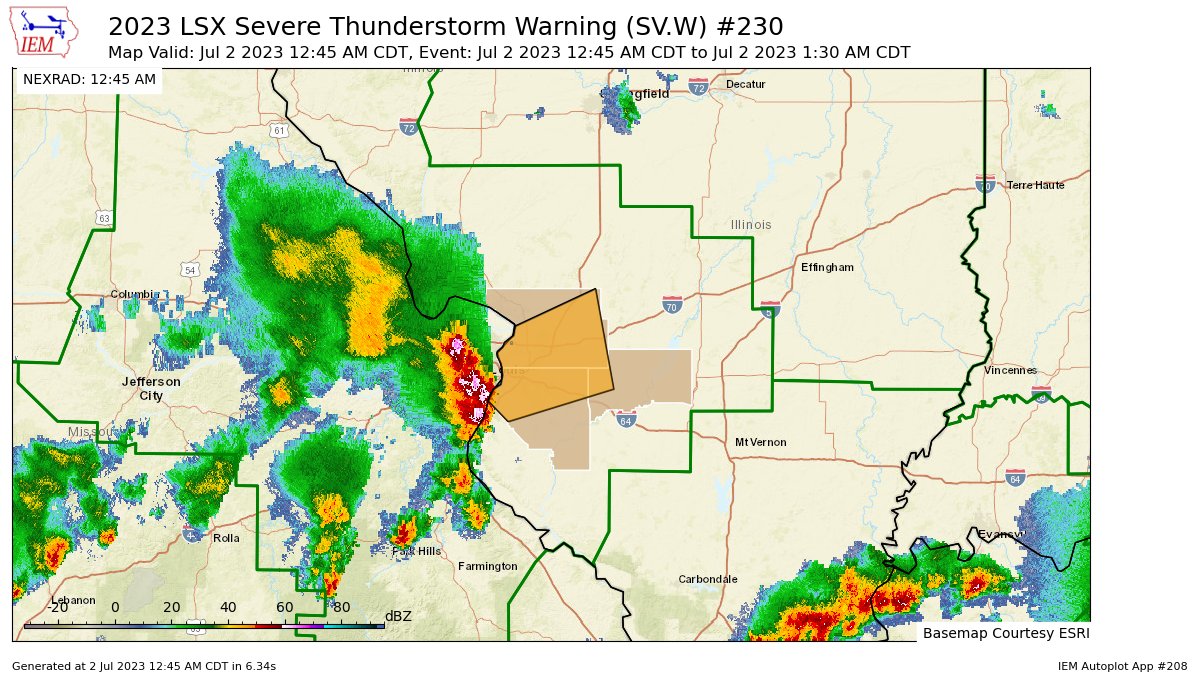 EASAlerts's tweet photo. LSX issues Severe Thunderstorm Warning [wind: 60 MPH (RADAR INDICATED), hail: 0.88 IN (RADAR INDICATED)] for Clinton, Madison, St. Clair [IL] till 1:30 AM CDT https://t.co/kg1bxH8EjJ https://t.co/zFFoPBGhCE
