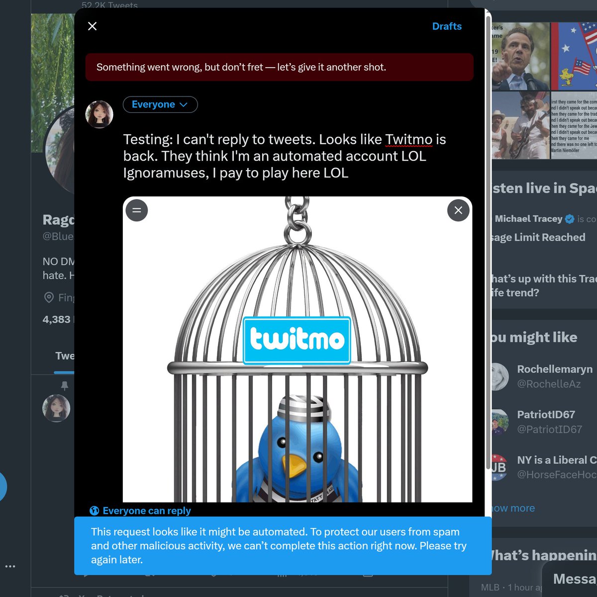 pnpeterman's tweet photo. @LeibsBurner @TwitterSupport @liontamer18 Me too. They think we're bots or something. https://t.co/EG1tO9BMPe