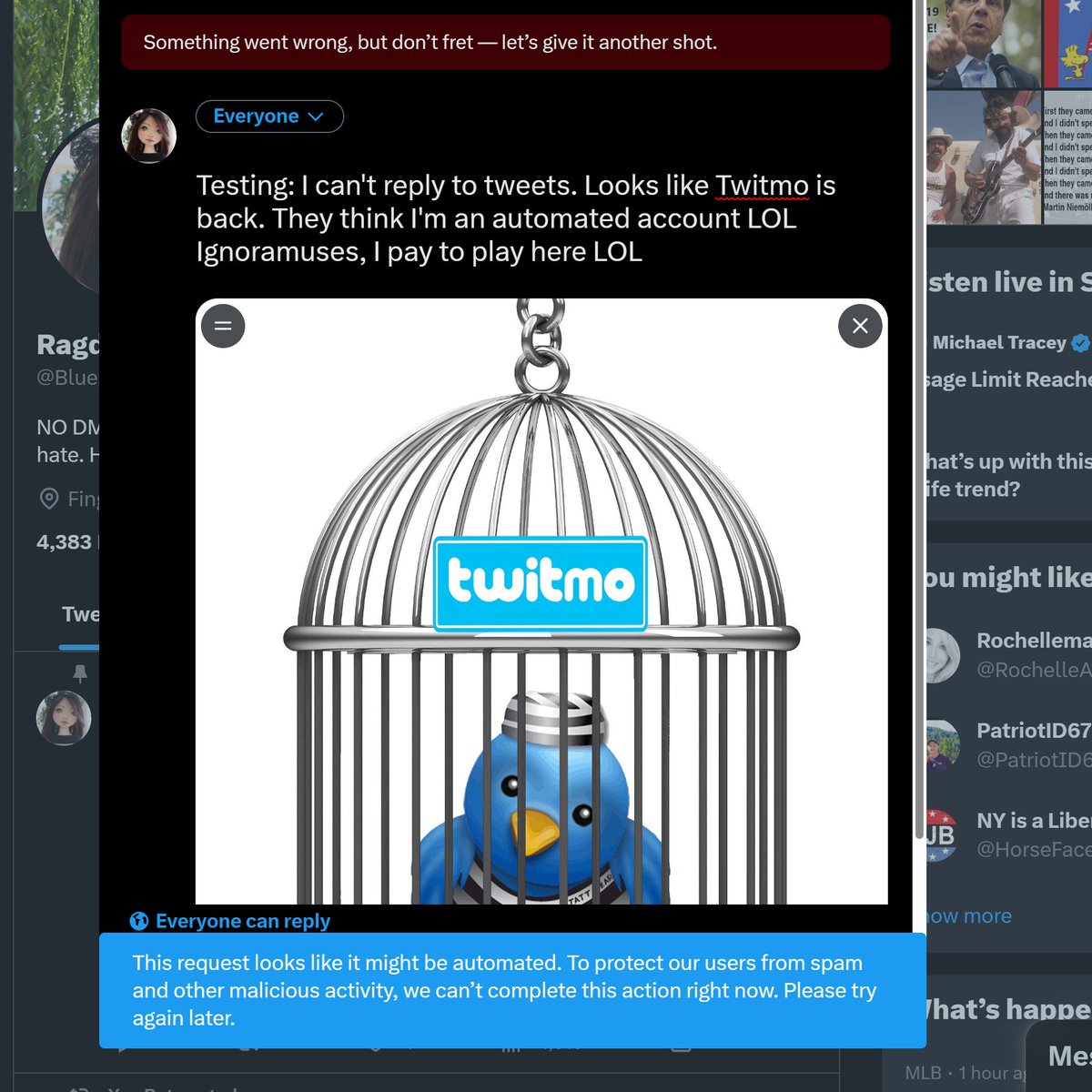 pnpeterman's tweet photo. @TwitterSupport  Hey, my paid account is NOT a bot or automated. I wouldn't know how to automate my account if my life depended on it. https://t.co/gQYoq0hiaq