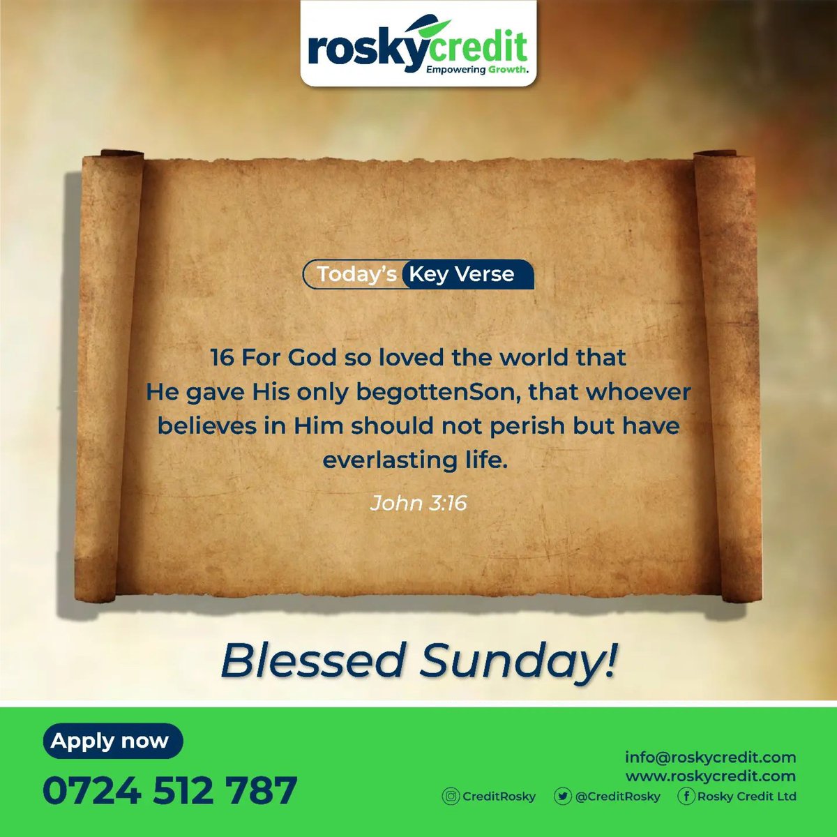 CreditRosky's tweet photo. We wish you a Sunday full of joy, happiness and blessings as we reflect to God's love to us that He sent His only begotten son Jesus Christ to die for all our sins and made us holy!

Call now: 0724 512 787

#HappySunday
#AffordableLoans
#RoskyCreditLimited https://t.co/vDSQ5CB6BI