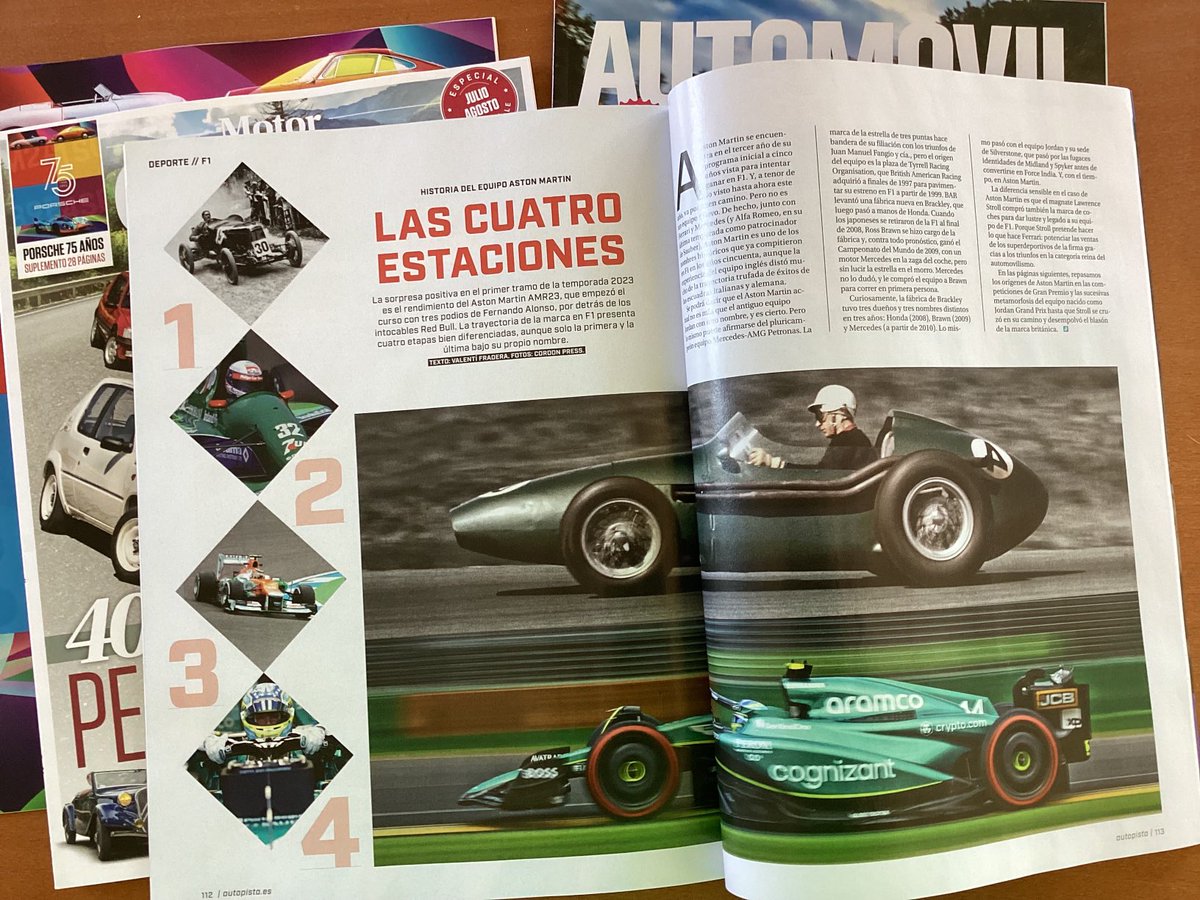 Aquest mes faig triplet: a Motor Clásico, biografia d’Eugenio Baturone; a Automóvil, informe de les parelles de pilots dels 10 equips de F1, i a Autopista, la trajectòria d’Aston Martin a la F1.