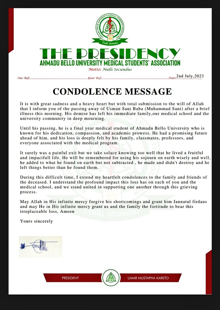 official_abumsa's tweet photo. Innalillahi wa Inna ilaihi rajiun 😭
I regret to announce the passing away of USMAN Sani Baba but with total submission to the will of Allah. He passed on this morning after a brief illness. Until his passing, he is a final year Medical student of ABU https://t.co/IN3UuCCYJ9