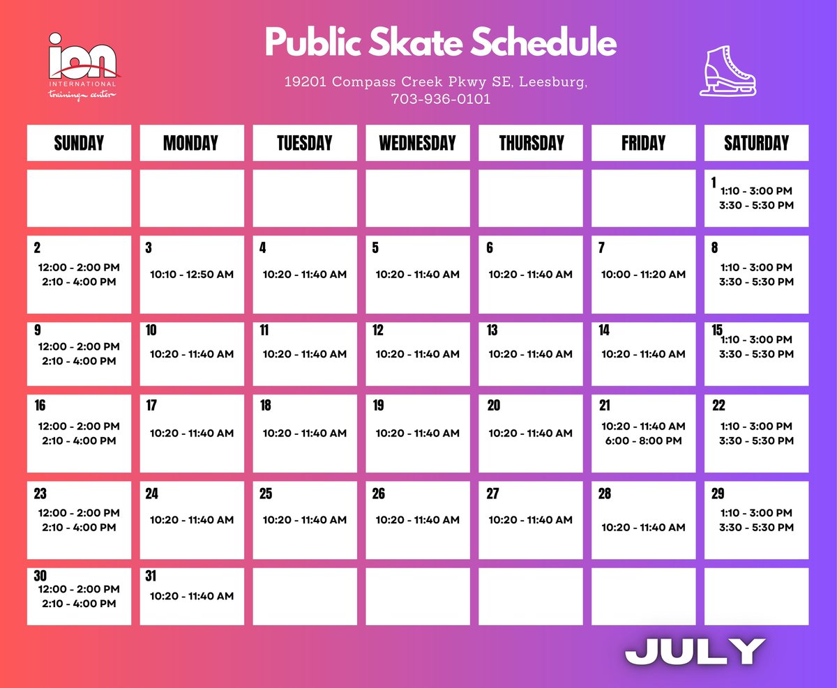 Join us at Ion International Training Center in #Leesburg, VA, for an exhilarating month of #publicskating in July!
⛸ 𝗜𝗼𝗻 𝗜𝗻𝘁𝗲𝗿𝗻𝗮𝘁𝗶𝗼𝗻𝗮𝗹 𝗧𝗿𝗮𝗶𝗻𝗶𝗻𝗴 𝗖𝗲𝗻𝘁𝗲𝗿
19201 Compass Creek Pkwy SE
Leesburg, VA 20175 🇺🇸
☎️  703-936-0101
📌 IonITC.com