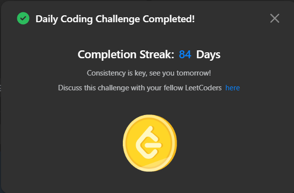 0NOSNA0's tweet photo. Daily Leetcode challenge Tweet:                                                                        
Day - 84  solved @LeetCode daily challenge  #100DaysOfCode #DSA #codinglife https://t.co/y3pqX7ExWG