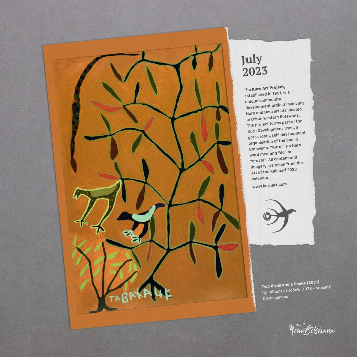 July celebration of Botswana arts and culture. Contemporary bushmen art from the Kuru Art Project in Botswana. Imagery taken from the Art of the Kalahari 2023 calendar.

#celebration #botswana #art #culture #bushmen #project #calendar #finearts #artist #creative #africa