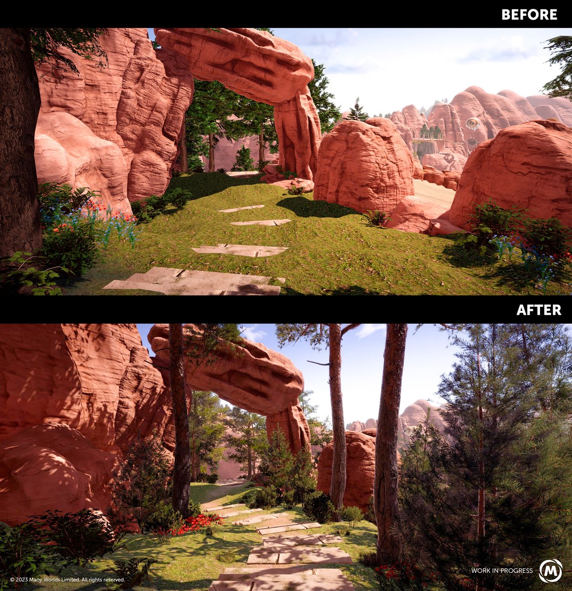 ManyWorldsNZ's tweet photo. A before &amp; after screenshot with extra details added to the desert trail leading to the auditorium.

#gamedev #indiedev #indiegame #screenshotsaturday https://t.co/BTpkQZAKij