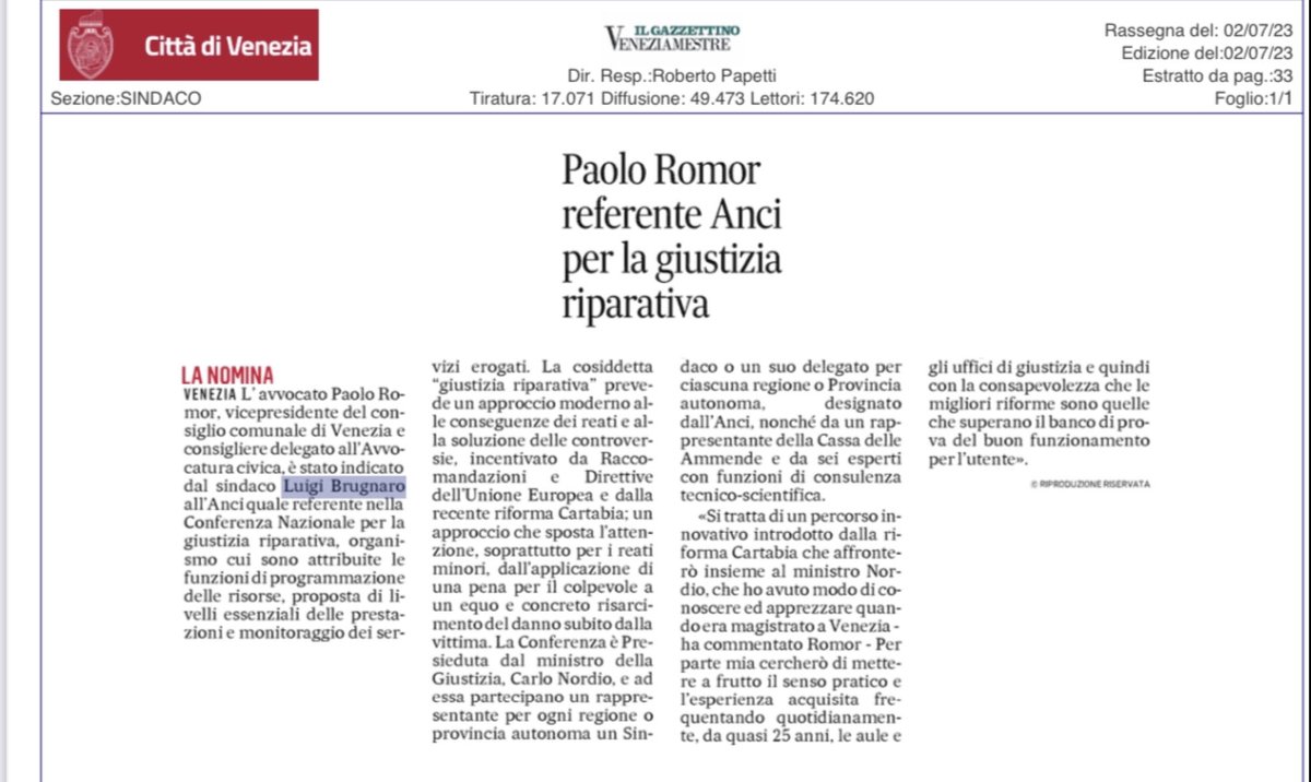 Grazie al Sindaco Luigi Brugnaro per la fiducia.
Le migliori riforme sono quelle che superano il banco di prova del buon funzionamento per l’utente ⚖️