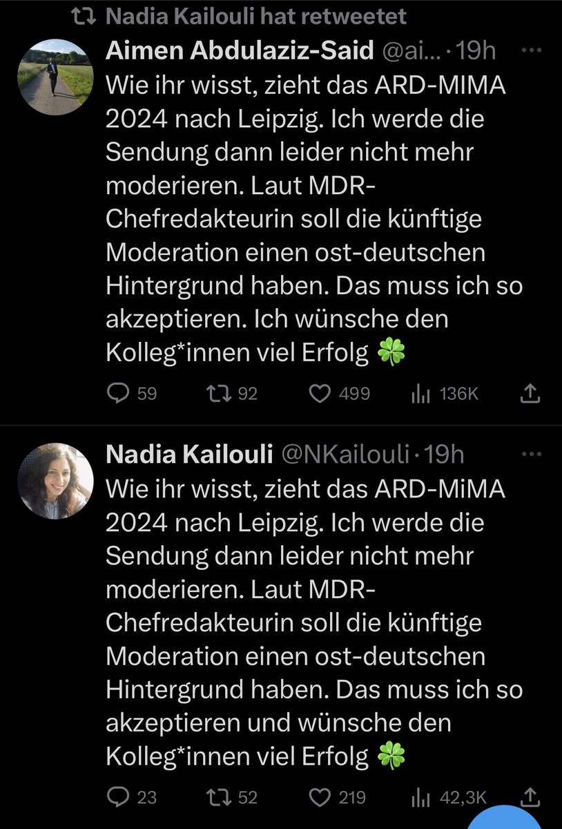 Ernsthaft, <a href="/mdrde/">mdrde</a> ? Beim ARD-Mittagsmagazin aus Leipzig, darf nur noch mit Ostdeutsch-Nachweis moderiert werden? 
Und die fantastischen &amp; postmigrantischen Moderator*innen @NKailouli <a href="/aimensaid/">Aimen Abdulaziz-Said 🇪🇷🇩🇪</a> müssen dafür weg? Zuviel Ossi-Identitätspolitik in Eurem Trinkwasser? <a href="/JuliaKrittian/">Julia Krittian</a>