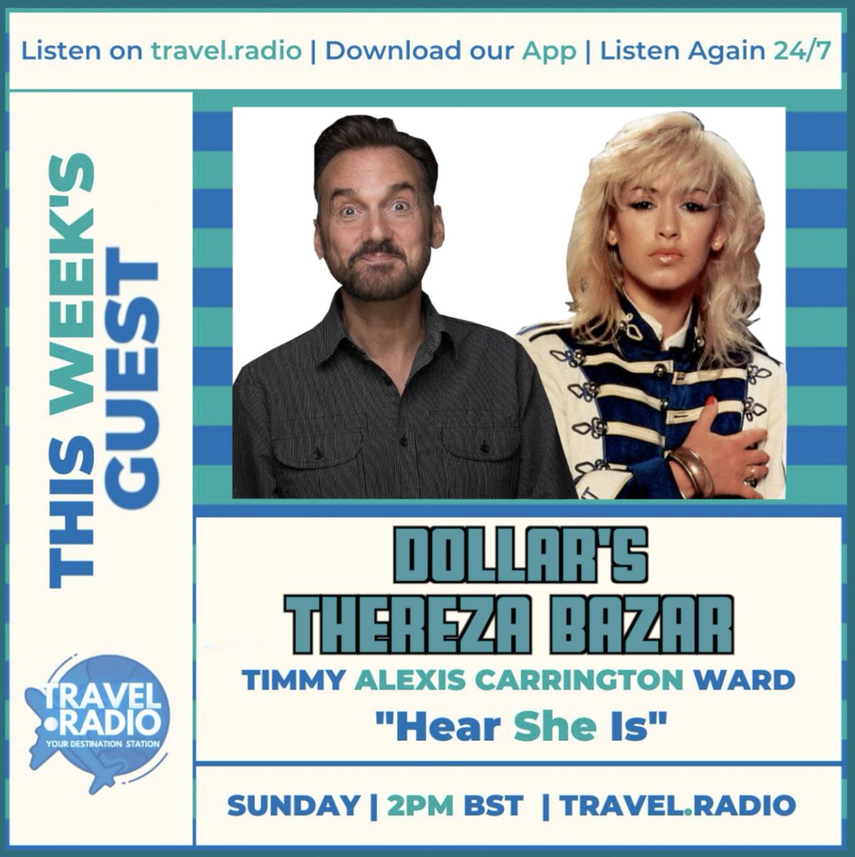 heresheisalexis's tweet photo. #HERESHEIS #TIMMYALEXISCARRINGTONWARD with #THEREZABAZAR talking about the #80IES #DOLLAR and #DAVIDVANDAY on #TRAVELDOTRADIO 2pm today! #ISAIDITπ
Listen on https://t.co/SPS3qnZBCA OR just say 'Alexa enable travel dot radio' #SHOULDADONEπ https://t.co/5XQpUjayBq