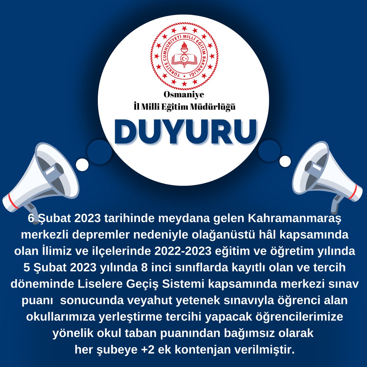 osmaniyeilmem's tweet photo. 📢DUYURU !!!

@ALBAKAydn @DrErdincYILMAZ1 @tcmeb @Yusuf__Tekin 
#2023LGS https://t.co/nLefVhe8z8