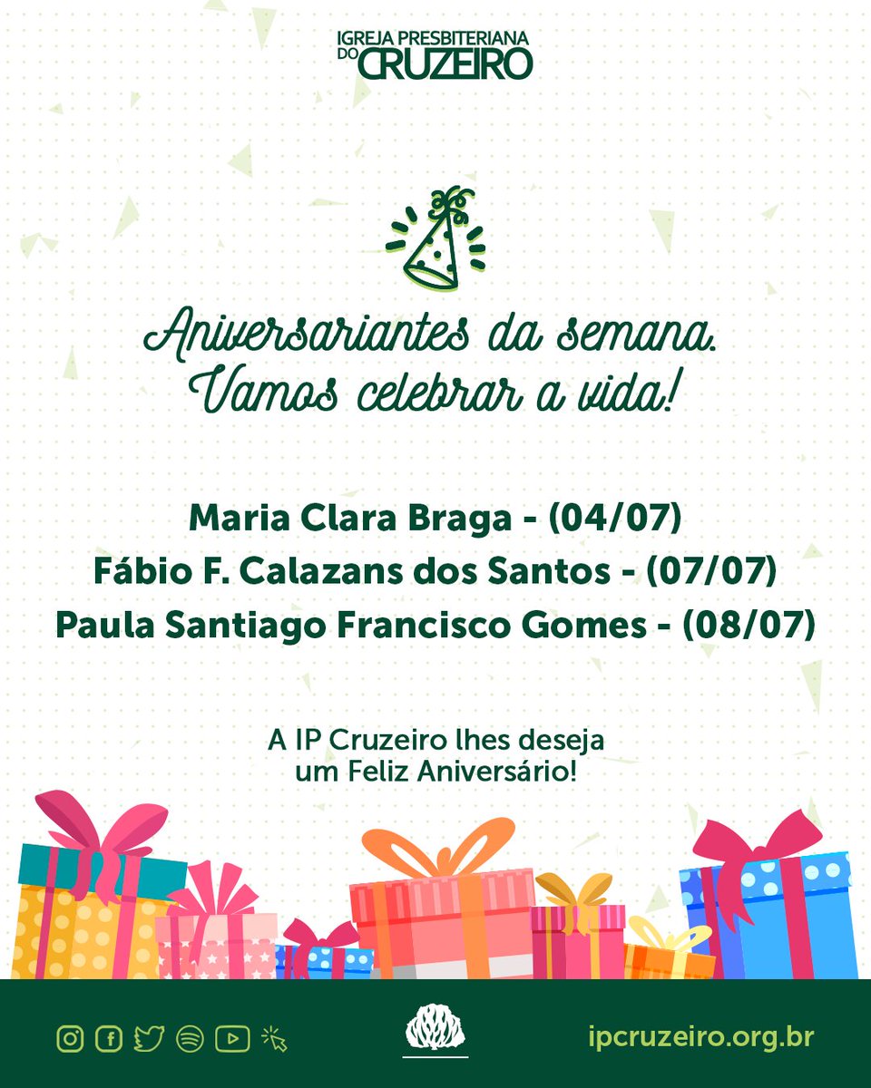 ipcruzeiro's tweet photo. A IPCruzeiro parabeniza os seus membros por mais um ano de vida, completados essa semana!

“Ensina-nos a contar os  nossos dias de tal maneira que alcancemos corações sábios” (Salmo 90.12)

#ipcruzeiro #ipc #ipb #ipconline #felizaniversário #parabéns https://t.co/KCS9WUOXRj
