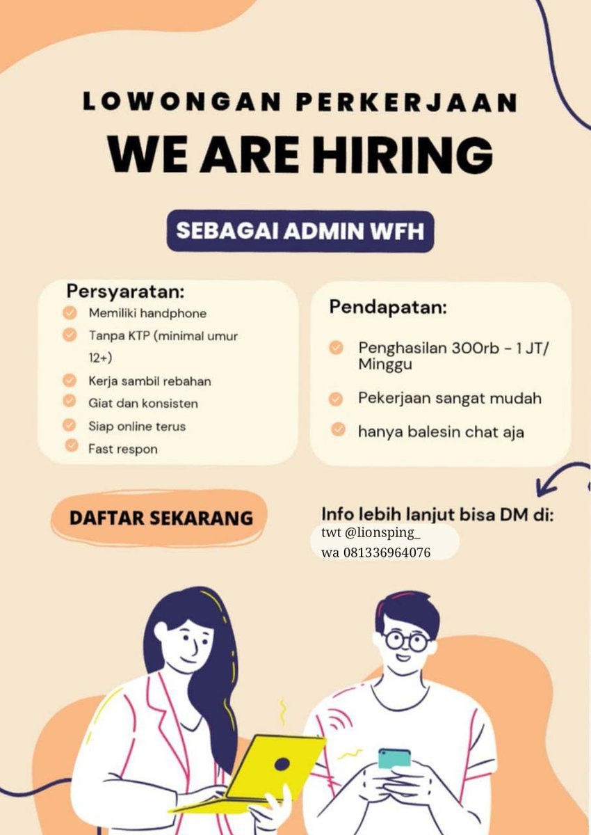 📍LOWONGAN PEKERJAAN📍
Buat mahasiswa yang butuh freelance WFH buat nambah uang jajan boleh banget join ini
• Income 200k-1jt/minggu (bahkan lebih kalau rajin)
• Waktu kerja fleksibel dan WFH
#zonauang #kerjaonline #loker #freelancer #pelajar #mahasiswa #lowongankerja #wfh