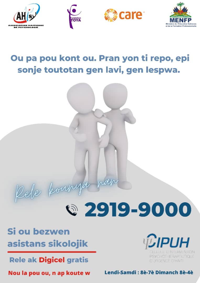 Ou pa pou kont ou. Rele kouneya nan 2919-9000