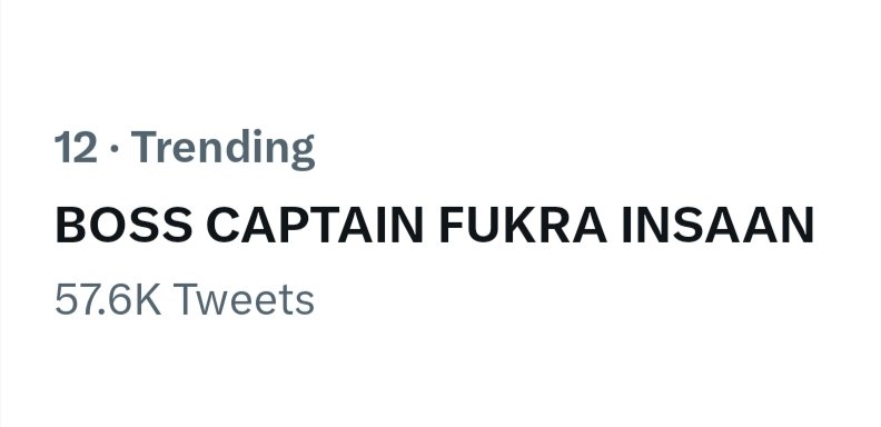 TellyFusion's tweet photo. BOSS CAPTAIN FUKRA INSAAN is trending in india with 57K+ tweets.

Retweet | If you're a part of it

#AbhishekMalhan https://t.co/Azrl4TJRiE