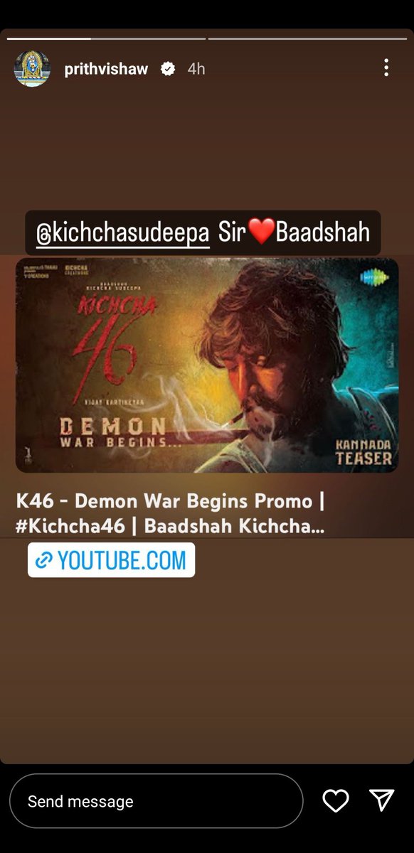 Indian cricketer @PrithviShaw Instagram story🫰

Baadshah👑🔥

THE DEMON WAR BEGINS
#Kiccha46 #Kichcha46Teaser
#KicchaSudeep @KicchaSudeep