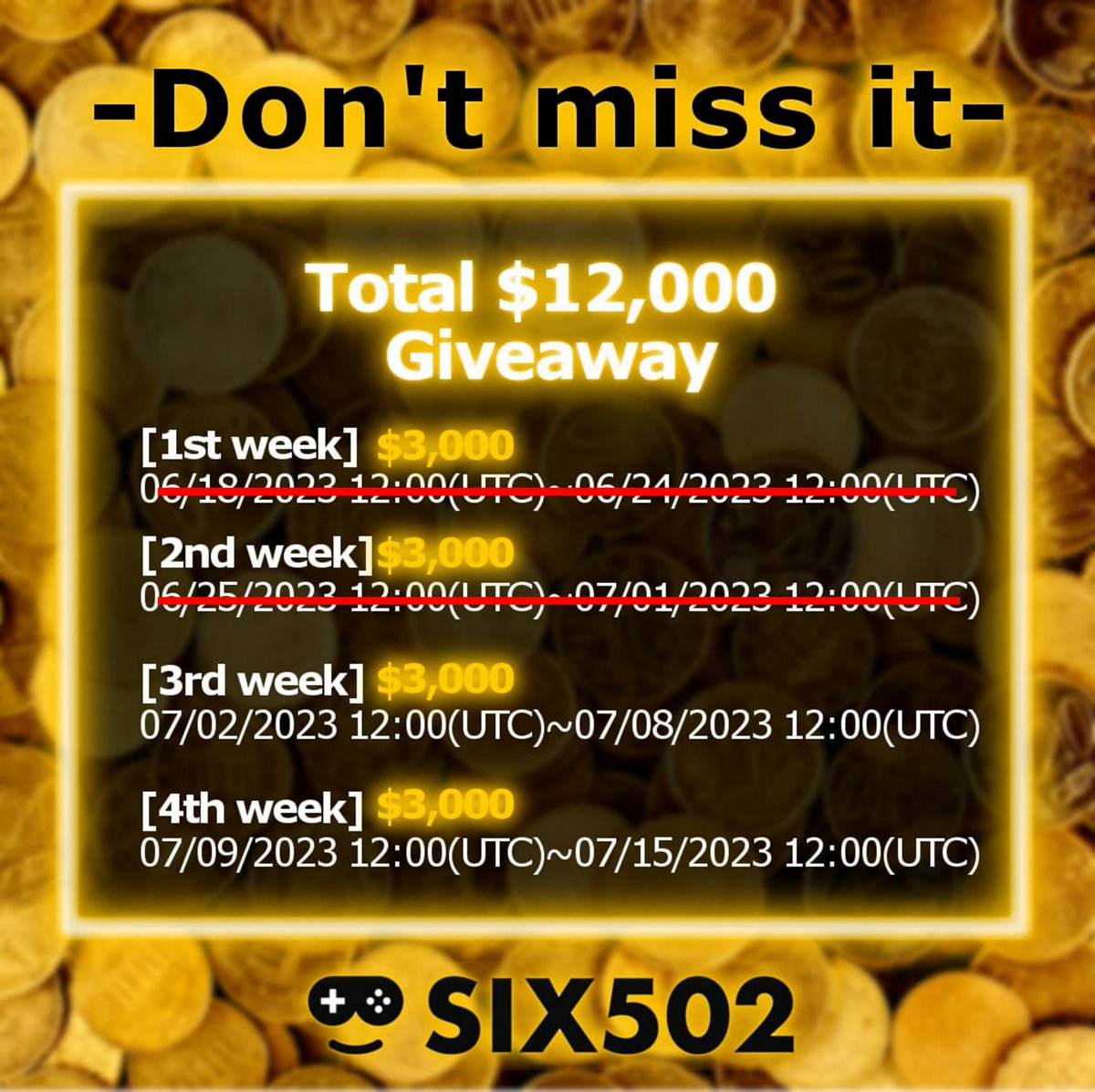 🎉Big Giveaway🎉
3rd Week Giveaway 
Four consecutive weeks,💐 $12,000 total💐

Mission（3rd task）
Please complete the same tasks as before and one newly added tasks!

1. Follow @SIX502_BCG on Twitter
2. Retweet this Tweet
3. Join SIX502 Discord server
discord.gg/six502
4.