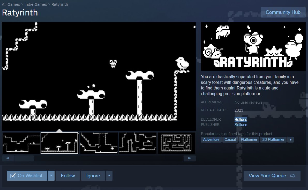 HashtagIndieDev's tweet photo. 🐳GAMES TO WISHLIST - #Ratyrinth
📣You are drastically separated from your family in a scary forest with dangerous creatures, and you have to find them! Ratyrinth is a cute and challenging precision platformer.
📍DEV: @Solluco_
🔗https://t.co/m9KzMe9OUY
#steam #platformer https://t.co/DYmlkcvKct