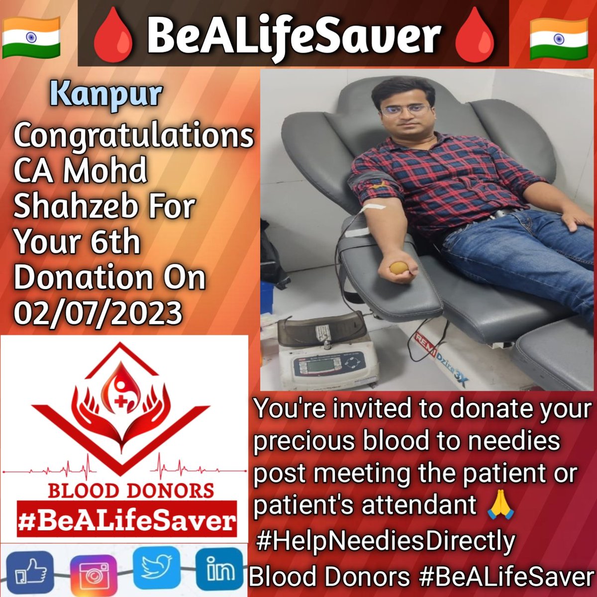 BeALifeSaver1's tweet photo. #Kanpur #BeALifeSaver
#Kudos_CA_Mohd_Shahzeb_Ji
#HelpNeediesDirectly
Today's hero
CA #Mohd_Shahzeb Ji donated blood in #Kanpur for the #6thTime for one of the needies. #Heartfelt #Gratitude and #Respect to CA Mohd Shahzeb Ji for his blood donation for Patient admitted in Kanpur. https://t.co/xAGVtzLE2N