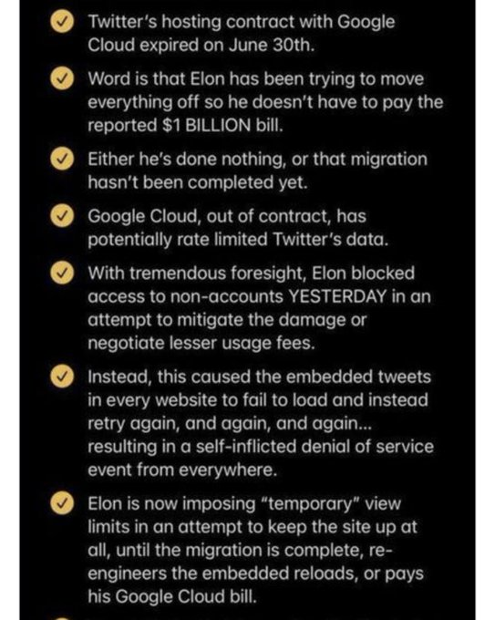 namwella1961's tweet image. Glad that Twitter is out of ICU this morning!

If true, this sure explains a lot about the #RateLimitExceeded issue.

We didn't do anything wrong, it's just more of Elon's dumbfuckery.

At least Truth Social's users can use the damn thing.
#RIPTwitter #TwitterLimits #TwitterFail