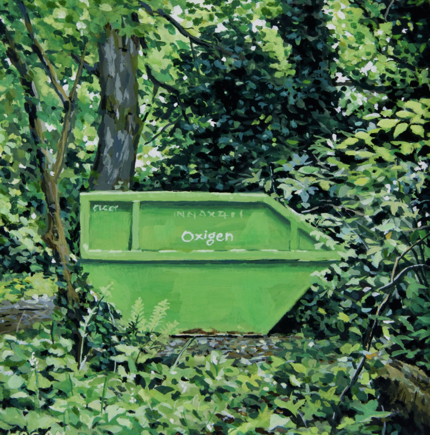RHAGallery's tweet photo. “Just off the path (on Killiney Hill), surrounded by trees, was this bright green skip, looking like it felt it belonged there, its angular hulk in high contrast to its natural environment, yet all the while looking out of place. Oxygen, a play on words, jumped out at me. 1/3 https://t.co/rXWkrAnoFR