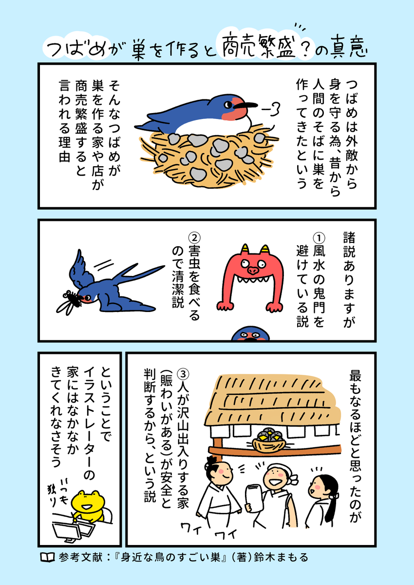 「つばめが巣を作ると商売繁盛する」と言われる理由がなるほどと思いました！野鳥の習性は学ぶほどおもしろいことばかりで、もっとマンガにしたいと思います！ #ツバメ https://t.co/L1e7nIpukI