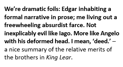 tmac_bill's tweet photo. TMAC - C5, E2 - concordance. Just a really funny little summary of the brothers Gloucester, even I do say so. A break from work has renewed my pleasure in TMAC.

https://t.co/Gw3W1xC4Q4 

#Ulysses #JamesJoyce #TMACnovel #KingLear #Shakespeare https://t.co/xb1ErCoJKV
