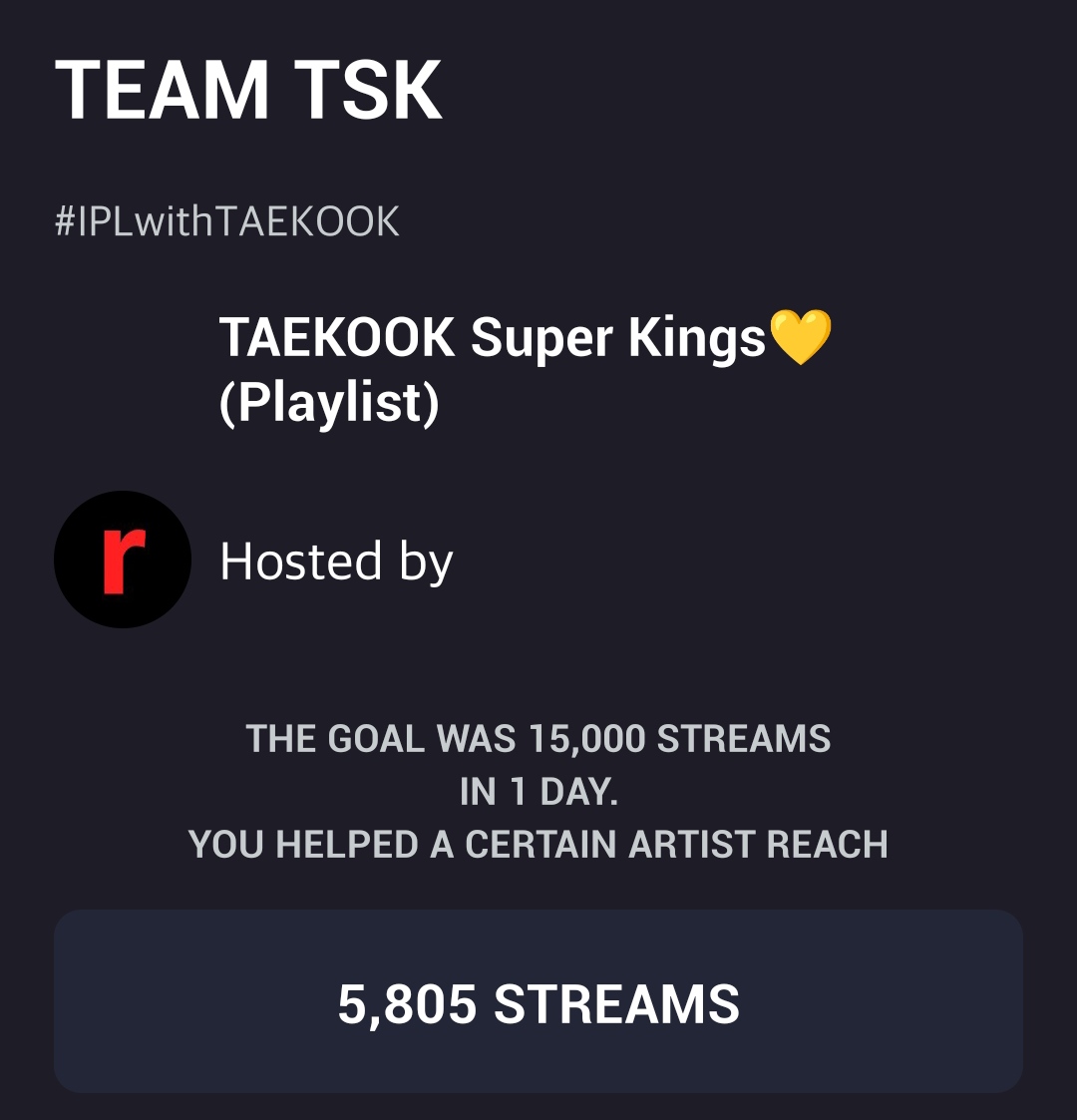 Taekook_india's tweet photo. Round 2 is over!! 

#TeamTR - 8,122 streams
#TeamTSK - 5,805 streams

The 3rd position goes to #TeamTR💙

Thankyou for your participation both the teams🫶🏻

STREAM FOR TAEKOOK
#TaekookStreamingBattle
#IPLwithTAEKOOK https://t.co/493wZ18MtF