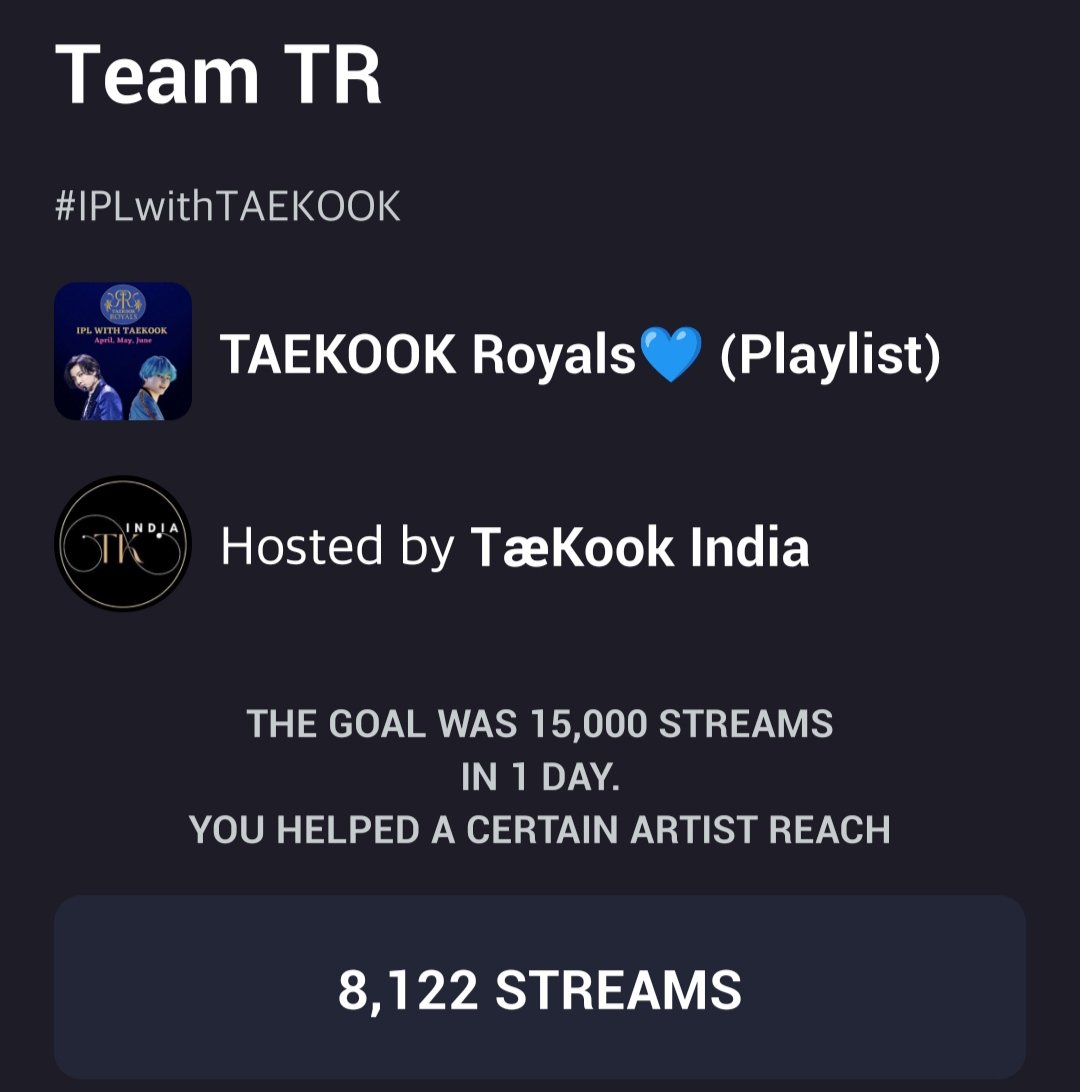 Taekook_india's tweet photo. Round 2 is over!! 

#TeamTR - 8,122 streams
#TeamTSK - 5,805 streams

The 3rd position goes to #TeamTR💙

Thankyou for your participation both the teams🫶🏻

STREAM FOR TAEKOOK
#TaekookStreamingBattle
#IPLwithTAEKOOK https://t.co/493wZ18MtF