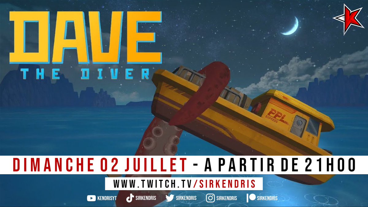 SirKendris's tweet photo. [#TwitchFR]

Ton programme du soir sur la K*TV :

🔻 Nous partons explorer les profondeurs de l'océan dans la nouvelle pépite #DaveTheDiver ! 🔥

Au fait, today commence le mois anniversaire de la chaîne (5 ans OMG), ne loupez pas ça ! 🤯

~21H00

➡️ https://t.co/lbwz6kBrul ⬅️ https://t.co/mtt9eKpIIl